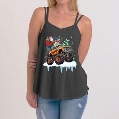 Santa Riding T Rex Dinosaur Monster Truck Christmas Funny Gift Women's Strappy Tank