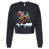 Santa Riding T Rex Dinosaur Monster Truck Christmas Funny Gift Cropped Pullover Crew