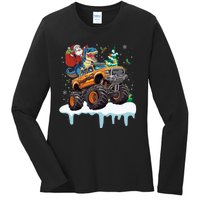 Santa Riding T Rex Dinosaur Monster Truck Christmas Funny Gift Ladies Long Sleeve Shirt