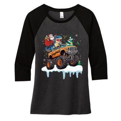 Santa Riding T Rex Dinosaur Monster Truck Christmas Funny Gift Women's Tri-Blend 3/4-Sleeve Raglan Shirt