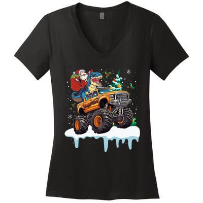 Santa Riding T Rex Dinosaur Monster Truck Christmas Funny Gift Women's V-Neck T-Shirt