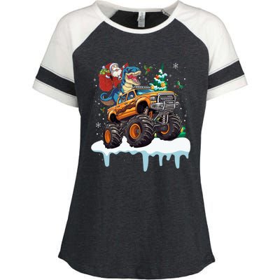 Santa Riding T Rex Dinosaur Monster Truck Christmas Funny Gift Enza Ladies Jersey Colorblock Tee