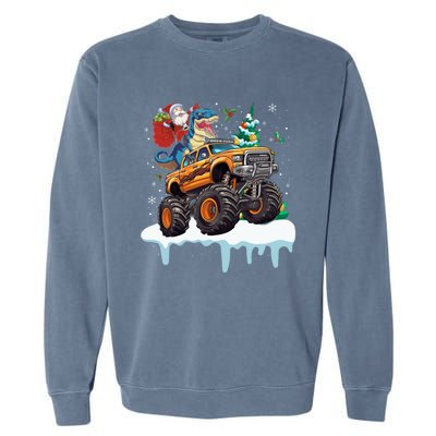 Santa Riding T Rex Dinosaur Monster Truck Christmas Funny Gift Garment-Dyed Sweatshirt