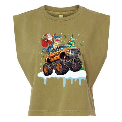 Santa Riding T Rex Dinosaur Monster Truck Christmas Funny Gift Garment-Dyed Women's Muscle Tee