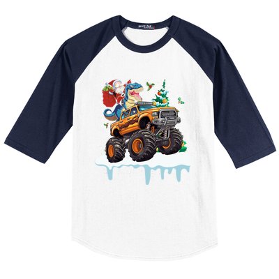 Santa Riding T Rex Dinosaur Monster Truck Christmas Funny Gift Baseball Sleeve Shirt