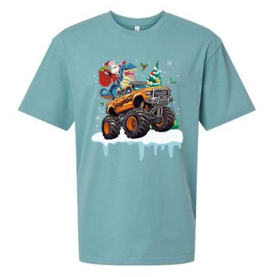 Santa Riding T Rex Dinosaur Monster Truck Christmas Funny Gift Sueded Cloud Jersey T-Shirt