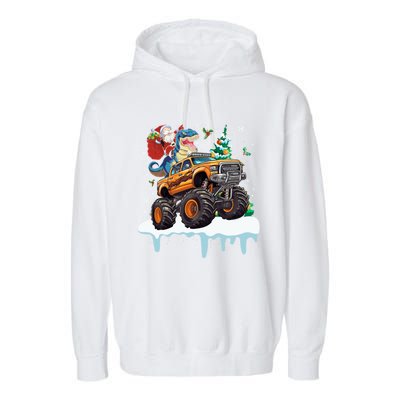 Santa Riding T Rex Dinosaur Monster Truck Christmas Funny Gift Garment-Dyed Fleece Hoodie