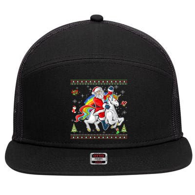 Santa Riding Unicorn Merry Christmas Xmas Sweater Ugly 7 Panel Mesh Trucker Snapback Hat