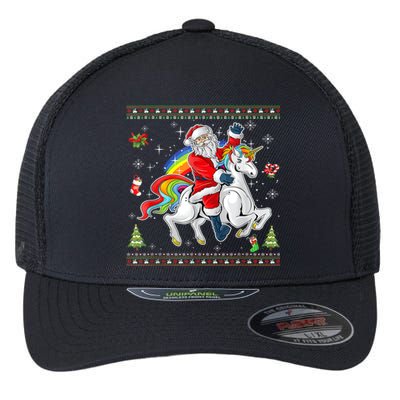 Santa Riding Unicorn Merry Christmas Xmas Sweater Ugly Flexfit Unipanel Trucker Cap