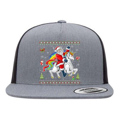 Santa Riding Unicorn Merry Christmas Xmas Sweater Ugly Flat Bill Trucker Hat