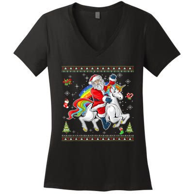 Santa Riding Unicorn Merry Christmas Xmas Sweater Ugly Women's V-Neck T-Shirt