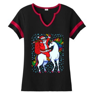 Santa Riding Unicorn Christmas Party Xmas Gift Funny Gift Ladies Halftime Notch Neck Tee