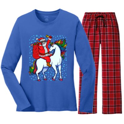 Santa Riding Unicorn Christmas Party Xmas Gift Funny Gift Women's Long Sleeve Flannel Pajama Set 