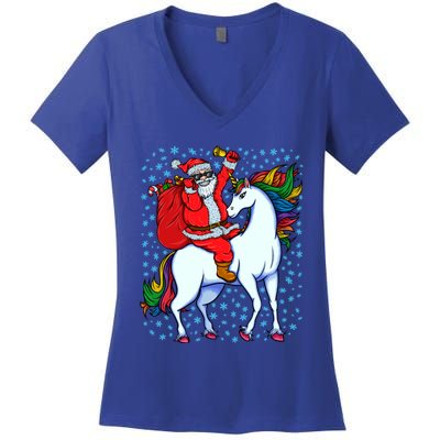 Santa Riding Unicorn Christmas Party Xmas Gift Funny Gift Women's V-Neck T-Shirt