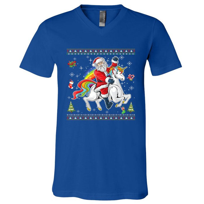 Santa Riding Unicorn Merry Christmas Xmas Sweater Ugly Cute Gift V-Neck T-Shirt