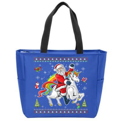 Santa Riding Unicorn Merry Christmas Xmas Sweater Ugly Cute Gift Zip Tote Bag