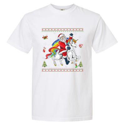 Santa Riding Unicorn Merry Christmas Xmas Sweater Ugly Cute Gift Garment-Dyed Heavyweight T-Shirt