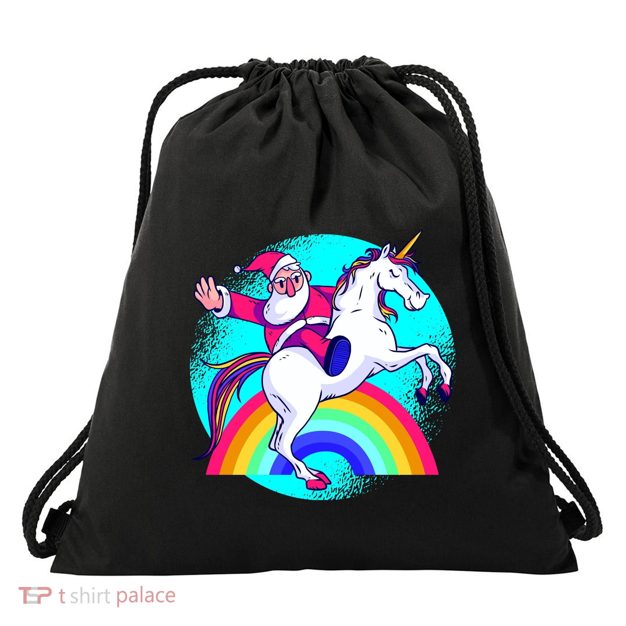 Santa Riding Unicorn Drawstring Bag