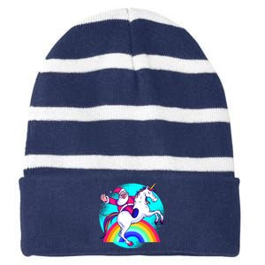 Santa Riding Unicorn Striped Beanie with Solid Band