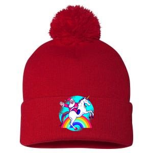 Santa Riding Unicorn Pom Pom 12in Knit Beanie