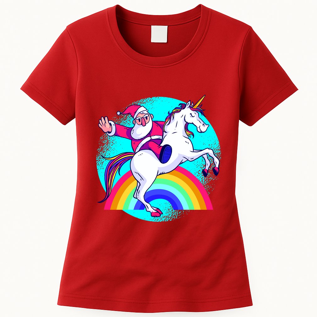 Santa Riding Unicorn Womens T-Shirt