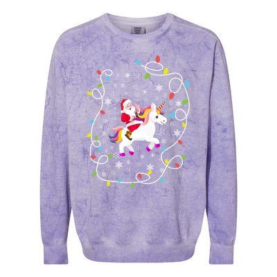 Santa Riding Unicorn Christmas Lights Merry Christmas Tree Gift Colorblast Crewneck Sweatshirt