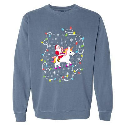 Santa Riding Unicorn Christmas Lights Merry Christmas Tree Gift Garment-Dyed Sweatshirt