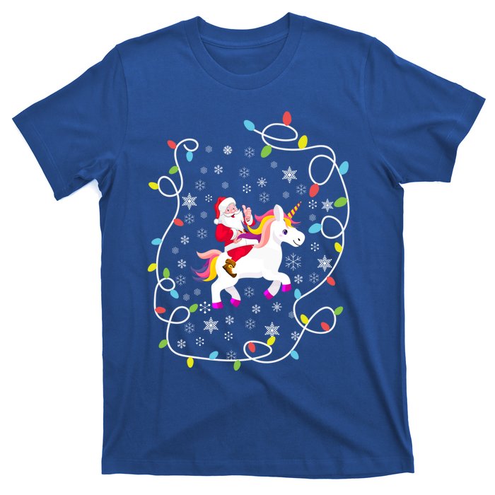 Santa Riding Unicorn Christmas Lights Merry Christmas Tree Gift T-Shirt