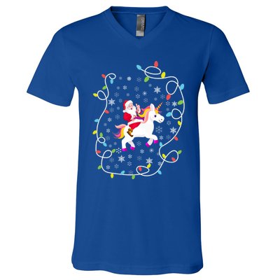 Santa Riding Unicorn Christmas Lights Merry Christmas Tree Gift V-Neck T-Shirt