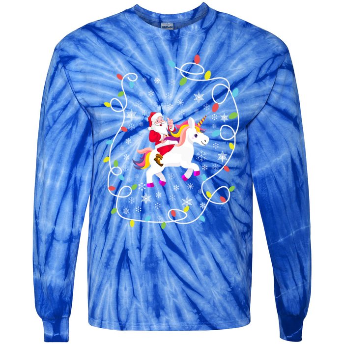 Santa Riding Unicorn Christmas Lights Merry Christmas Tree Gift Tie-Dye Long Sleeve Shirt