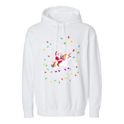 Santa Riding Unicorn Christmas Lights Merry Christmas Tree Gift Garment-Dyed Fleece Hoodie