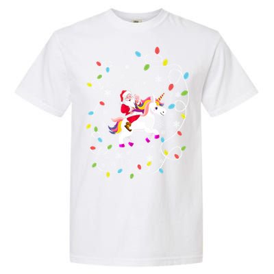 Santa Riding Unicorn Christmas Lights Merry Christmas Tree Gift Garment-Dyed Heavyweight T-Shirt