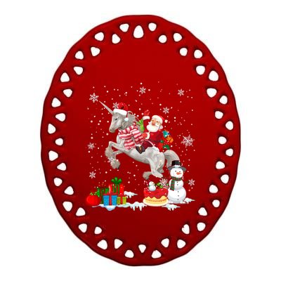 Santa Riding Unicorn Christmas Pajama Family Snow Gift Ceramic Oval Ornament