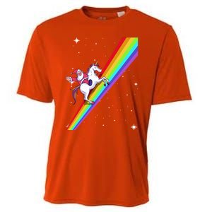 Santa Riding Unicorn Rainbow Xmas Christmas Matching Outfit Gift Cooling Performance Crew T-Shirt