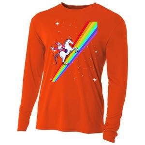 Santa Riding Unicorn Rainbow Xmas Christmas Matching Outfit Gift Cooling Performance Long Sleeve Crew