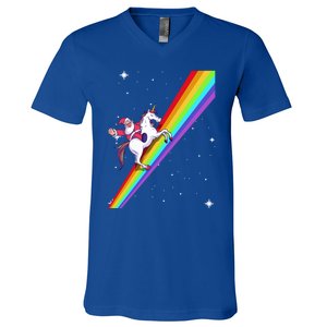 Santa Riding Unicorn Rainbow Xmas Christmas Matching Outfit Gift V-Neck T-Shirt