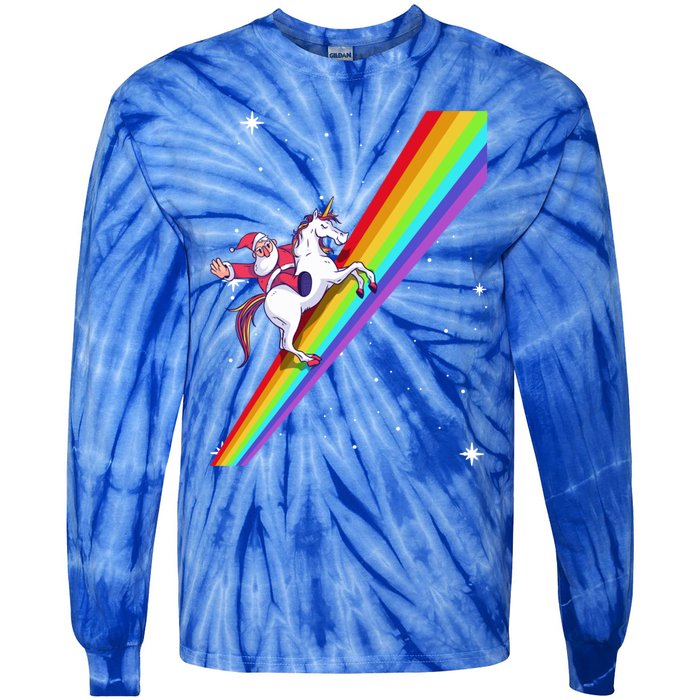 Santa Riding Unicorn Rainbow Xmas Christmas Matching Outfit Gift Tie-Dye Long Sleeve Shirt