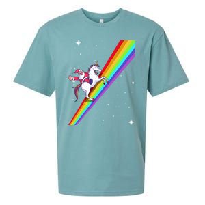 Santa Riding Unicorn Rainbow Xmas Christmas Matching Outfit Gift Sueded Cloud Jersey T-Shirt