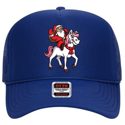 Santa Riding Unicorn Xmas Chrismas Gift High Crown Mesh Back Trucker Hat