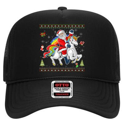 Santa Riding Unicorn Merry Christmas Xmas Sweater Ugly High Crown Mesh Back Trucker Hat