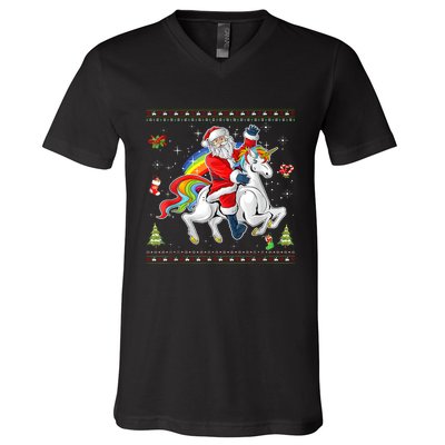 Santa Riding Unicorn Merry Christmas Xmas Sweater Ugly V-Neck T-Shirt