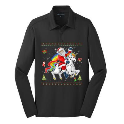 Santa Riding Unicorn Merry Christmas Xmas Sweater Ugly Silk Touch Performance Long Sleeve Polo