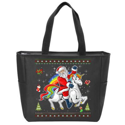 Santa Riding Unicorn Merry Christmas Xmas Sweater Ugly Zip Tote Bag