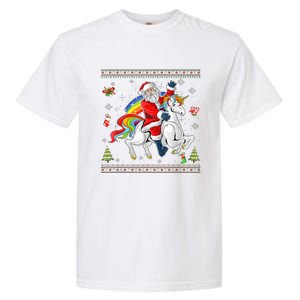 Santa Riding Unicorn Merry Christmas Xmas Sweater Ugly Garment-Dyed Heavyweight T-Shirt