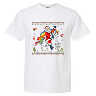 Santa Riding Unicorn Merry Christmas Xmas Sweater Ugly Garment-Dyed Heavyweight T-Shirt