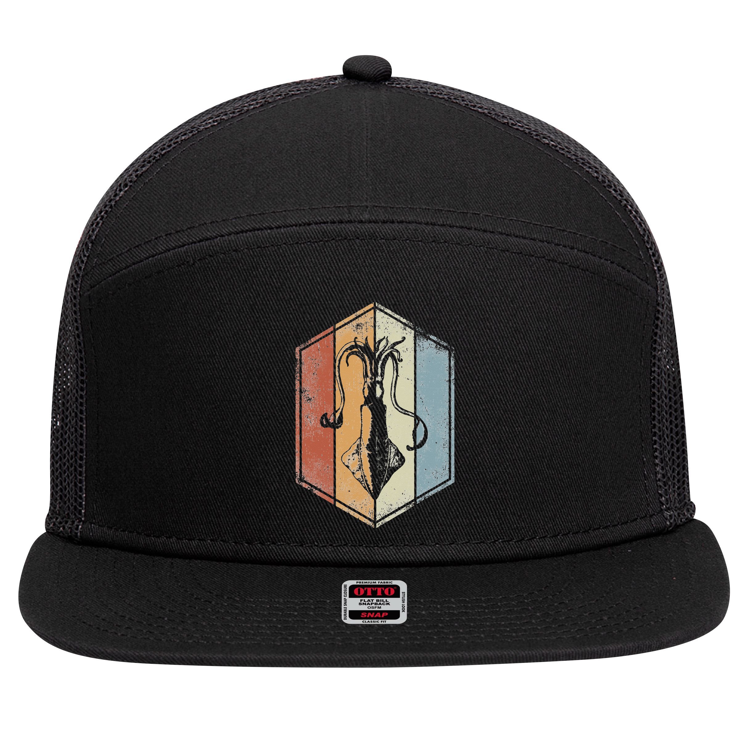 Squid Retro Vintage Marine Biologist Seafood Calamari Lover 7 Panel Mesh Trucker Snapback Hat