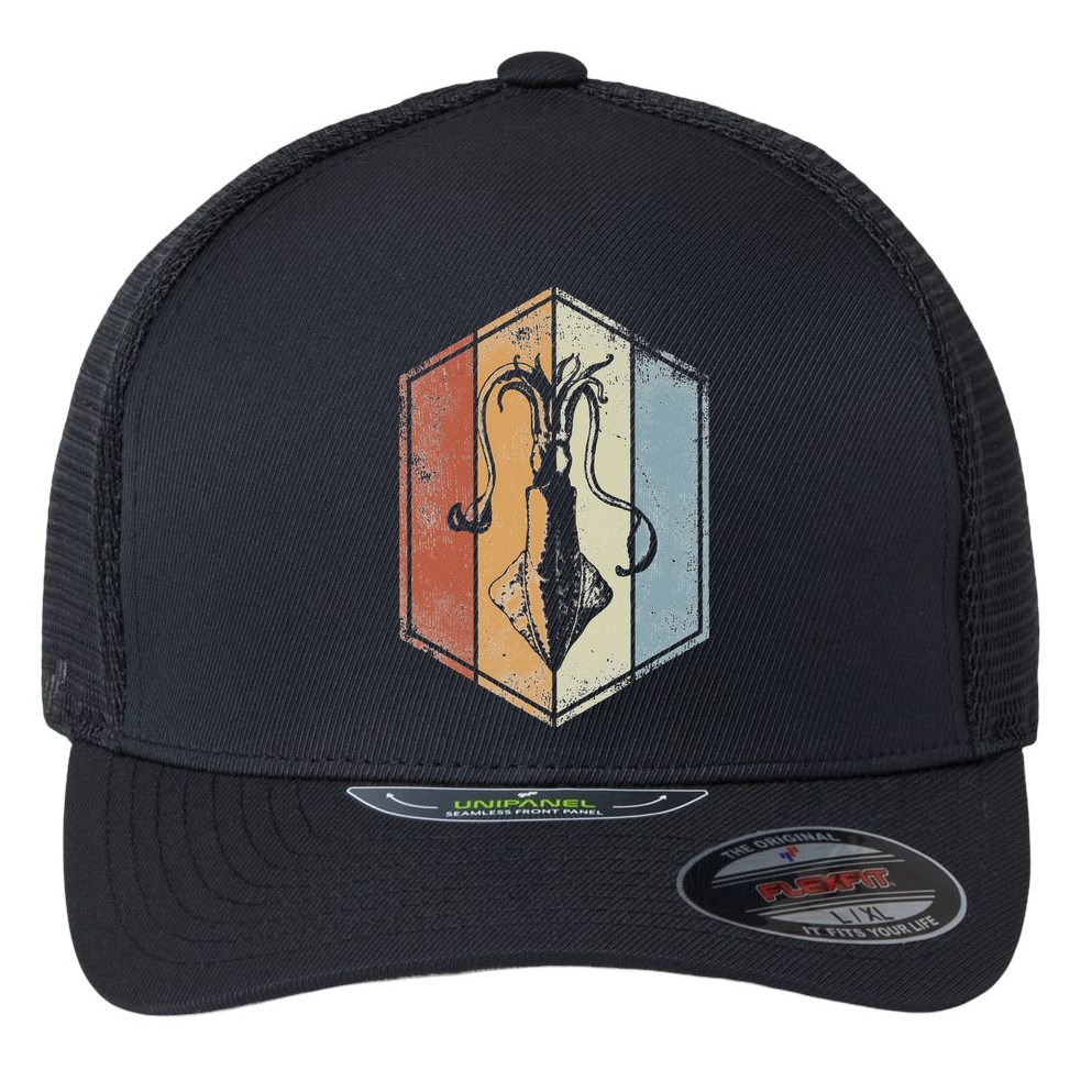 Squid Retro Vintage Marine Biologist Seafood Calamari Lover Flexfit Unipanel Trucker Cap