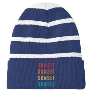 Sunset Retro Vintage Summer Striped Beanie with Solid Band