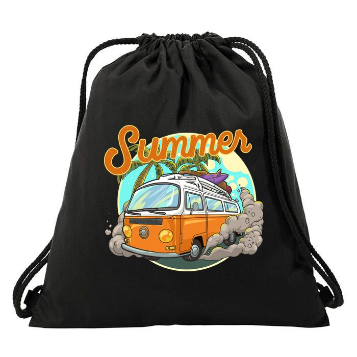 Summer Retro Van Tropical Drawstring Bag