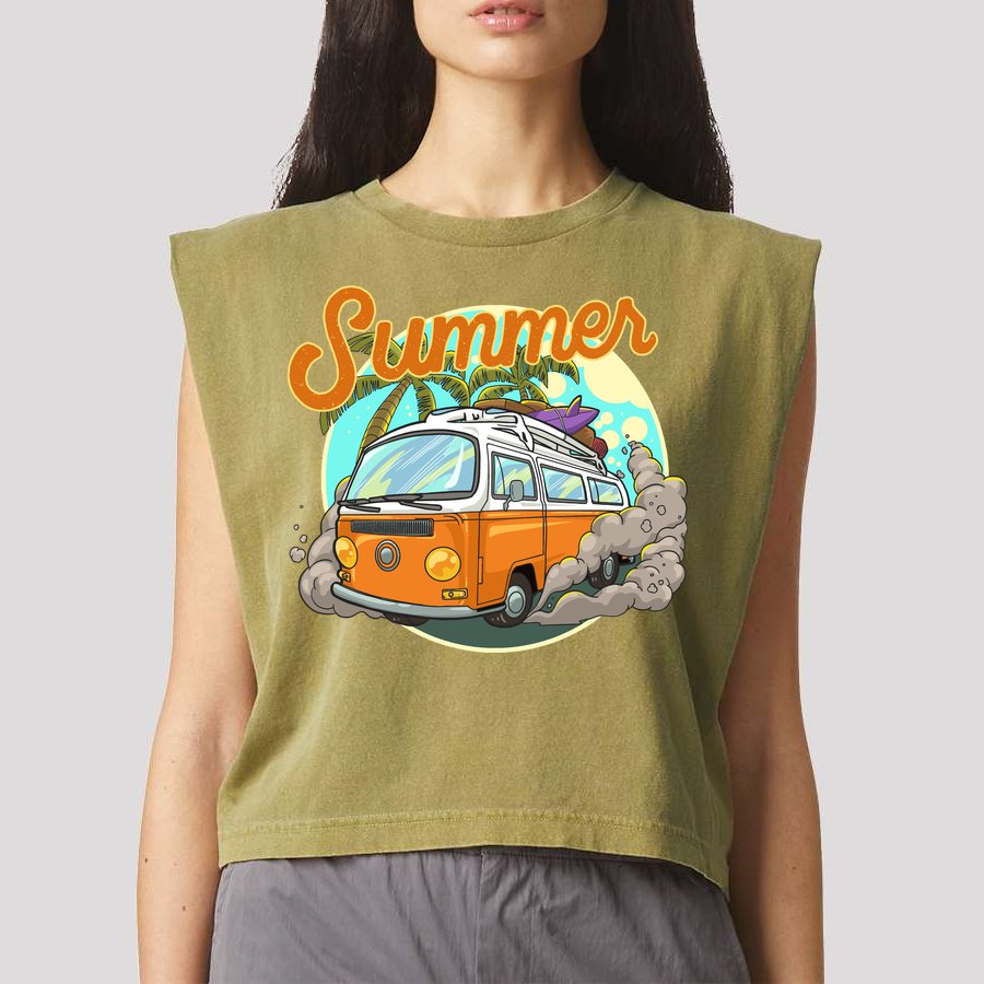 Summer Retro Van Tropical Garment-Dyed Women's Muscle Tee